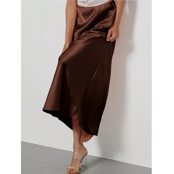 Brown Satin A-Line Skirt High Waisted Long - Picture 7 of 10